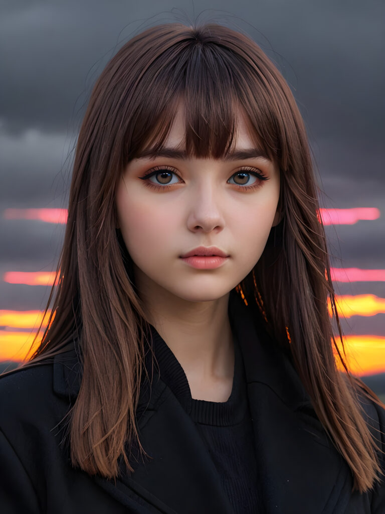 create detailed pictures: a (((teen emo girl with long, soft brown straight hair in bangs and amber eyes, exuding a sense of sadness and loneliness, black coat, (grey background) ((stunning)) ((gorgeous)) ((cute))