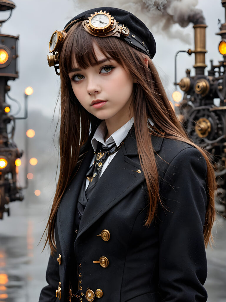 create detailed pictures: a (((teen emo girl with long, soft brown straight hair in bangs and amber eyes, exuding a sense of sadness and loneliness, black coat, (grey background) ((stunning)) ((gorgeous)) ((cute))