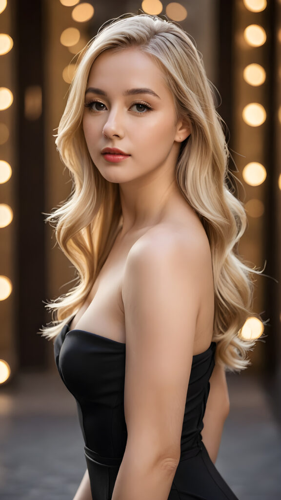 create detailed photo: a (((sensual girl with blond hair))), wearing a sleek, strapless, ((tight black dress)), with her long locks flowing around her shoulders