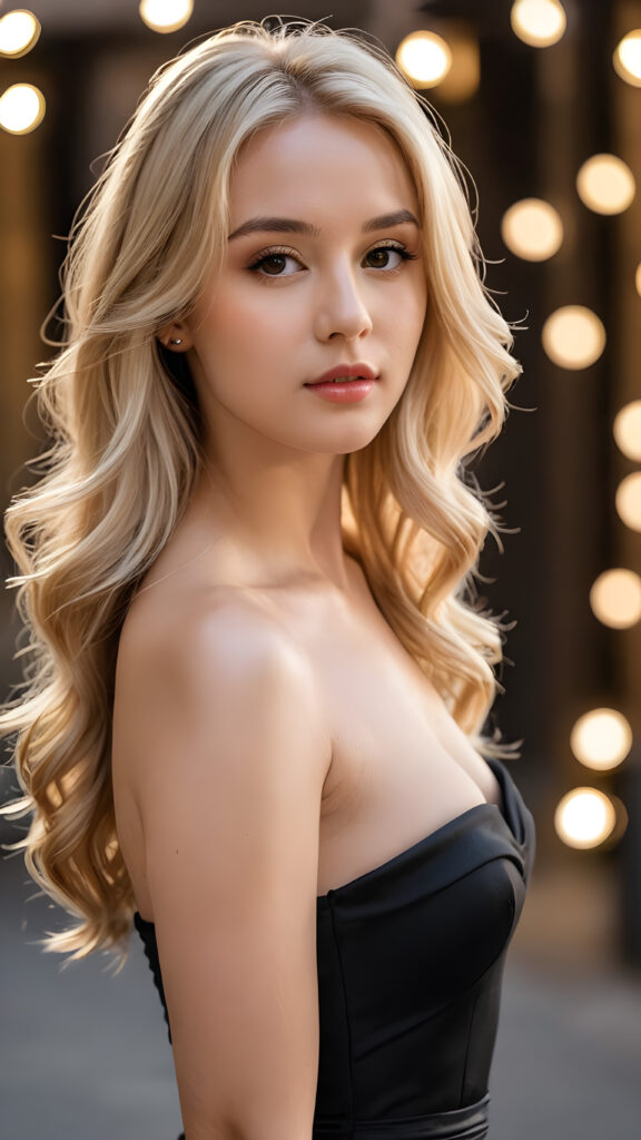create detailed photo: a (((sensual girl with blond hair))), wearing a sleek, strapless, ((tight black dress)), with her long locks flowing around her shoulders
