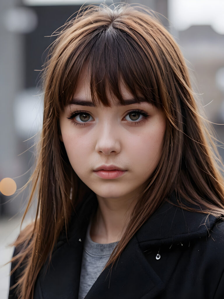create detailed pictures: a (((teen emo girl with long, soft brown straight hair in bangs and amber eyes, exuding a sense of sadness and loneliness, tears streaming down her face, black coat, (grey background)