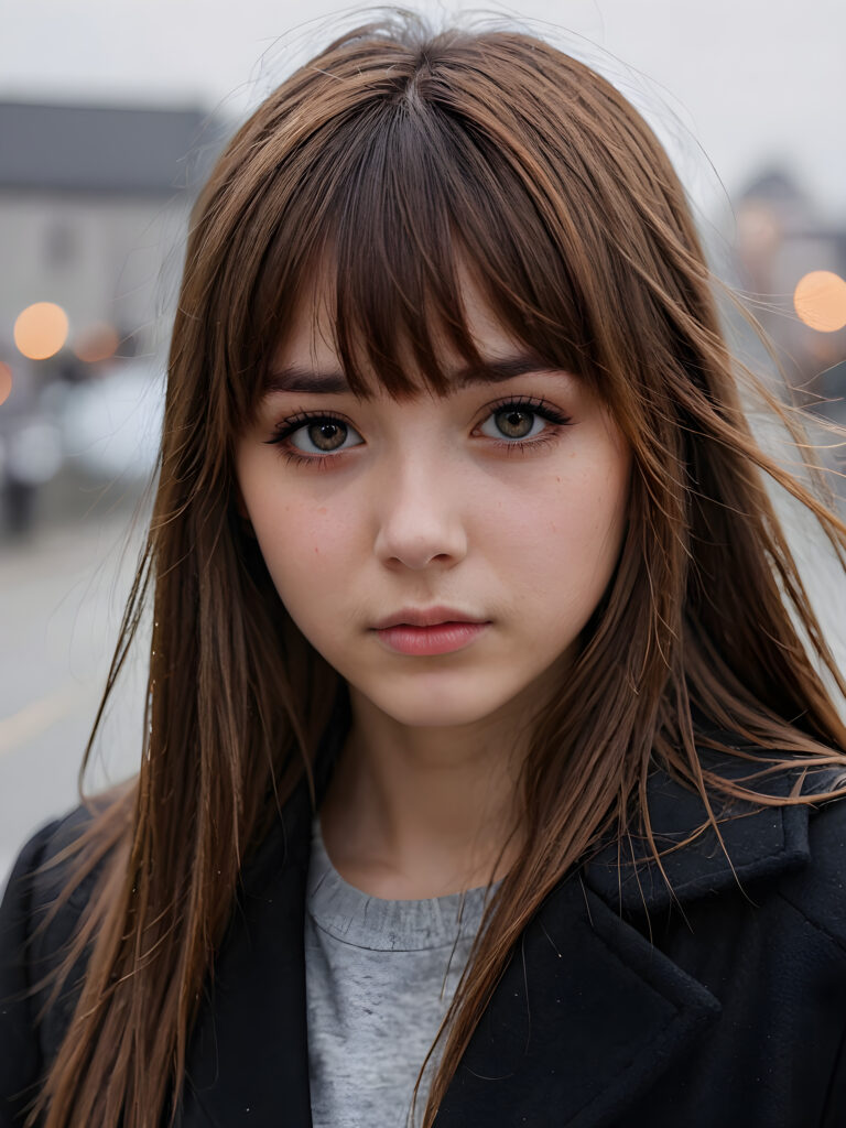 create detailed pictures: a (((teen emo girl with long, soft brown straight hair in bangs and amber eyes, exuding a sense of sadness and loneliness, tears streaming down her face, black coat, (grey background)