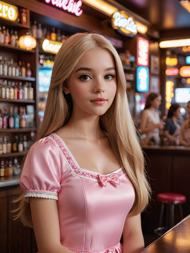 create me a detailed and realistic photo: a teen girl looks like barbie, long straight hair at a retro bar