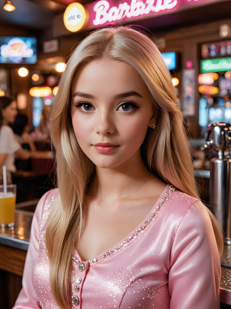 create me a detailed and realistic photo: a teen girl looks like barbie, long straight hair at a retro bar