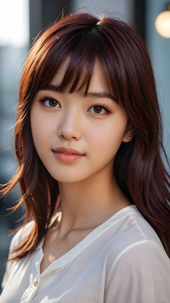 cute 16 years old teen girl, detailed hair, Korea styled bangs, white short shirt, perfect curved body, ultra realistic face, realistic amber eyes, detailed maroon straight hair, a stunning photo with beautiful saturation, ultra high resolution, deep shadow, (best quality, masterpiece), highly detailed, depth of field, film grain, looking at viewer, warm smile, (upper body), masterpiece, ultra realistic, extremely detailed CG unity 8k wallpaper, best quality, side view