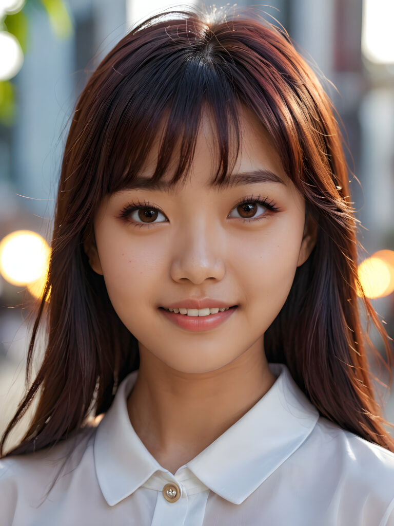 cute 16 years old Filipino teen girl, detailed hair, Korea styled bangs, white short shirt, perfect curved body, ultra realistic face, realistic amber eyes, detailed maroon straight hair, a stunning photo with beautiful saturation, ultra high resolution, deep shadow, (best quality, masterpiece), highly detailed, depth of field, film grain, looking at viewer, warm smile, (upper body), masterpiece, ultra realistic, extremely detailed CG unity 8k wallpaper, best quality