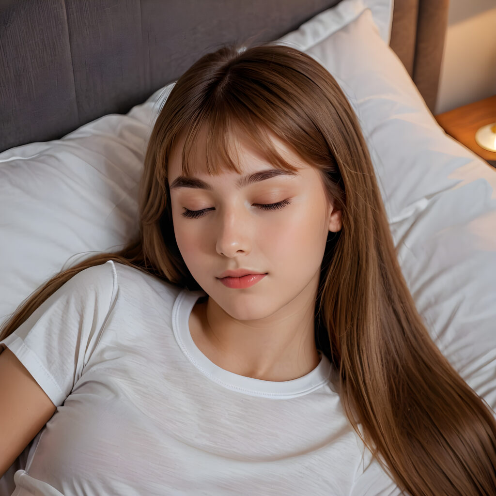 (((cute))) (((long, straight hazelnut hair))) ((stunning)) a (((professional night photograph))) sleeping in a confortable bed, closed eyes, ((teen girl)), 15 years old, bangs cut, realistic detailed angelic round face, ((realistic detailed)), (wears a super short tight (white t-shirt) made on thin silk)