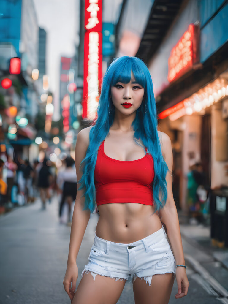 ((full body photo)) of a (posh) Japanese busted model ((confidently)) posing in the street, long ((neon blue hair, bangs cut)), ((red lipstick)), ((short spandex crop top)), ((white tattered shorts))