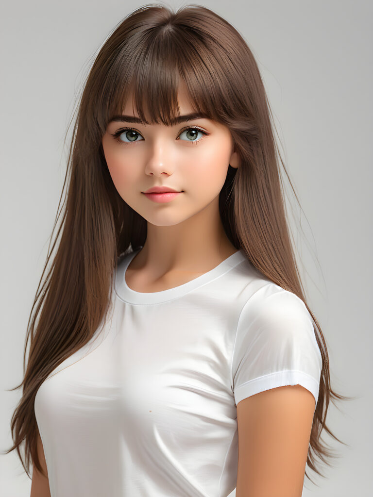 ((portrait)) of (((cute))) (((elegant))) ((attractive)) (((long, straight hair))) ((stunning)) a beautifully realistic, cinematic lights, teen girl, 15 years old, bangs cut, realistic detailed angelic round face, ((realistic detailed eye)) look at the camera, portrait shot, perfect curved body, (wears a super short tight (white t-shirt) made on thin silk), perfect anatomy, white background, side perspective, ((no background))