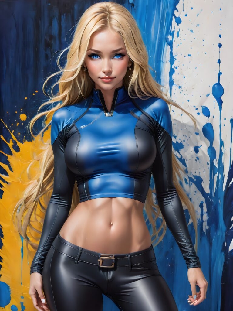 (((full body))) (((cute))) (((stunning))) blonde model, free flowing long hair, (fit body), ((anime)), (tattoos), ((abstract yellow and blue backdrop))) ((sapphire blue eyes)) and (((seductive warm smile))), clad in a (((blue, skin tight, body hugging, low cut short crop top))), (((skin tight leggings))