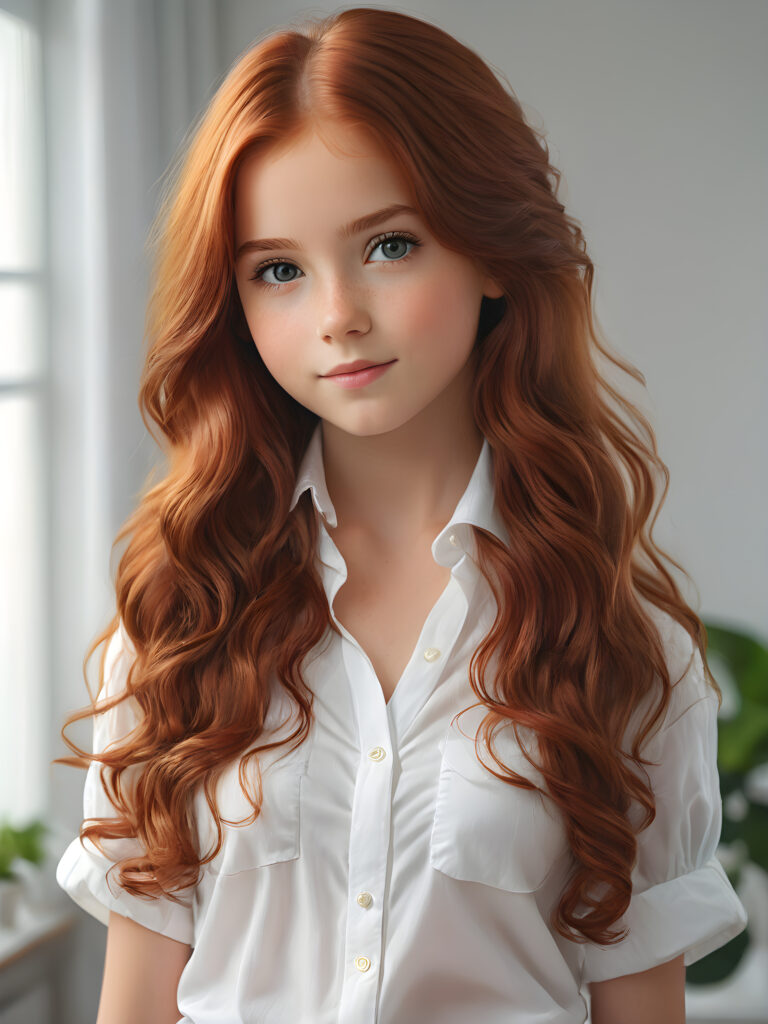 super realistic, detailed portrait, a beautiful young girl with long auburn hair looks sweetly into the camera. She wears a white shirt