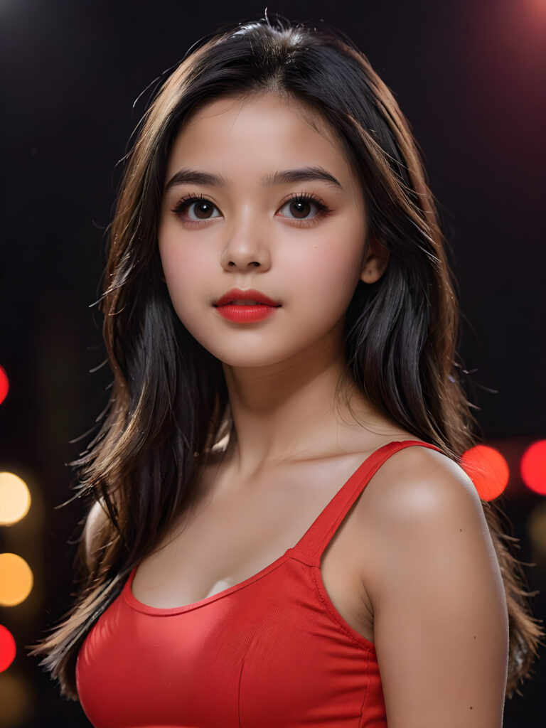 detailed, realistic upper body portrait: a 17 years teen girl with long soft black straight hair, black eyes, red bright full kissable lips, wearing a red mini crop top, side view, dark backdrop