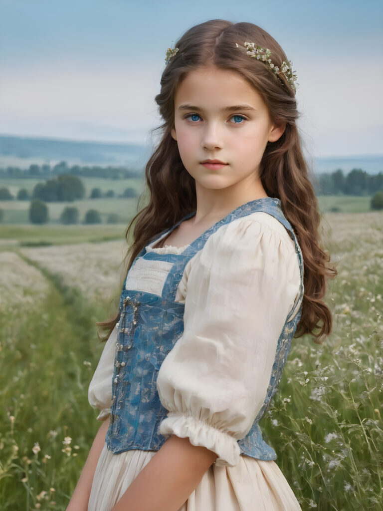 ((detailed perfect portrait)), young girl, 13 years old, stands in a meadow. She is dressed in classic 1800 style, she look at the viewer, detailed shiny straight brown hair, blue eyes, round detailed face, achieving an (8K resolution)
