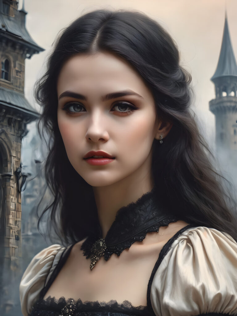a breathtakingly (((realistic portrait))), (((dark fantasy concept))) featuring a beautifully drawn close-up of a gothic dark vampire girl with exquisite facial features and striking black eyes, long straight hair, dressed in a (((Satin and Muslin dress))). stand for a Gothic castle