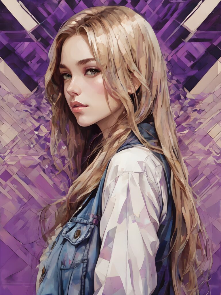 a beautiful young girl with long, flowing blonde hair and (((brown, sand-colored eyes))), dressed in a turtleneck black dress and a short, sleeveless denim jacket, standing in a (((side profile))), facing left, with a gently inclined head and a serene expression, framed by a backdrop of a (purple and black geometric pattern) in a digital drawing style