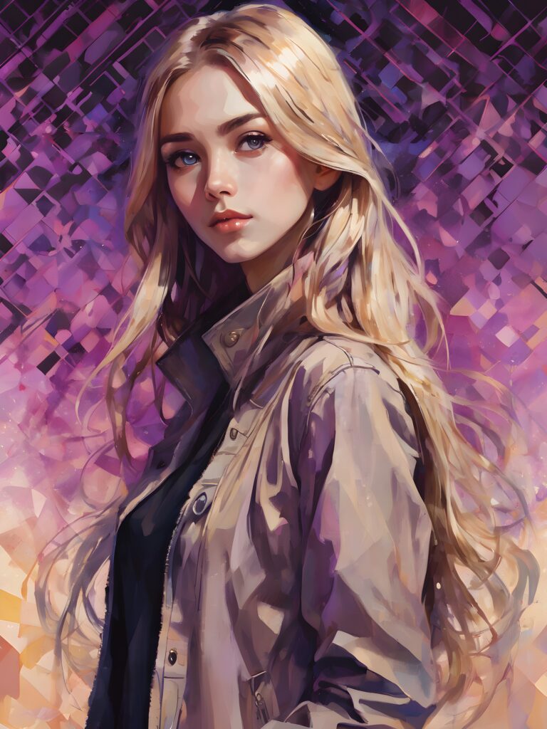 a beautiful young girl with long, flowing blonde hair and (((brown, sand-colored eyes))), dressed in a turtleneck black dress and a short, sleeveless denim jacket, standing in a (((side profile))), facing left, with a gently inclined head and a serene expression, framed by a backdrop of a (purple and black geometric pattern) in a digital drawing style