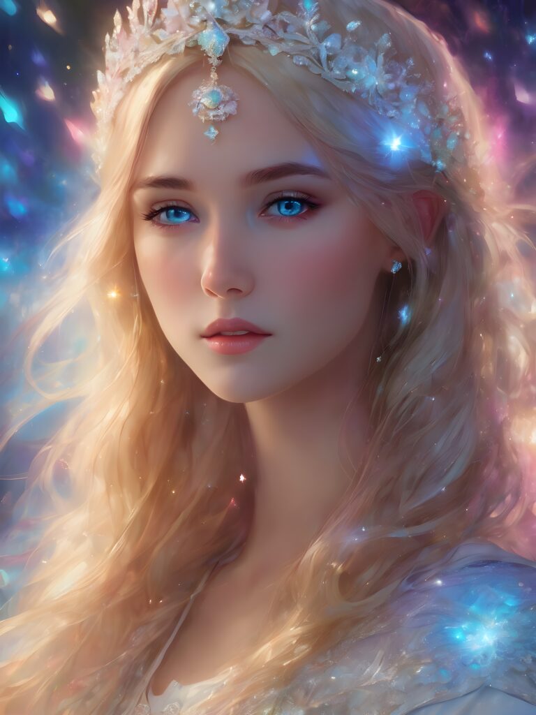 a (((young princess girl))) with long, straight blonde hair that flows like silk, cut in a ((modern, trendy style)), dressed in a ((pure white enchanted outfit))), her piercing blue eyes sparkling with an otherworldly light, her expression tranquil and serene, as she faces the camera with an ethereal glow, a full body shot capturing her perfect, curved form, in a digital drawing style