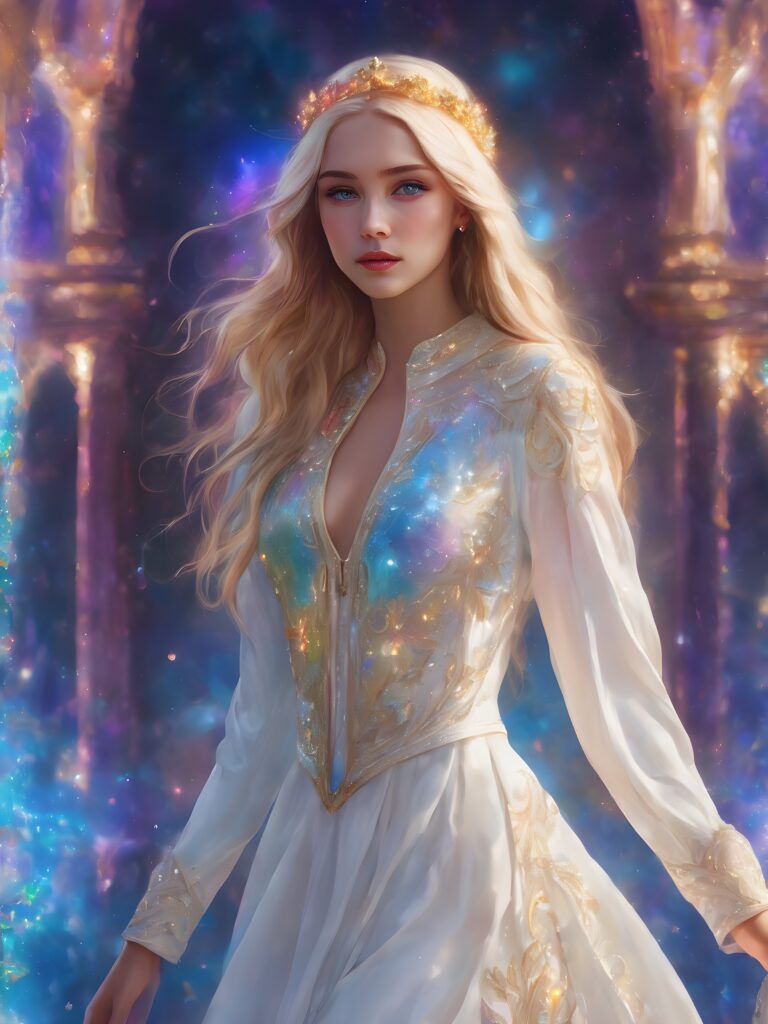 a (((young princess girl))) with long, straight blonde hair that flows like silk, cut in a ((modern, trendy style)), dressed in a ((pure white enchanted outfit))), her piercing blue eyes sparkling with an otherworldly light, her expression tranquil and serene, as she faces the camera with an ethereal glow, a full body shot capturing her perfect, curved form, in a digital drawing style