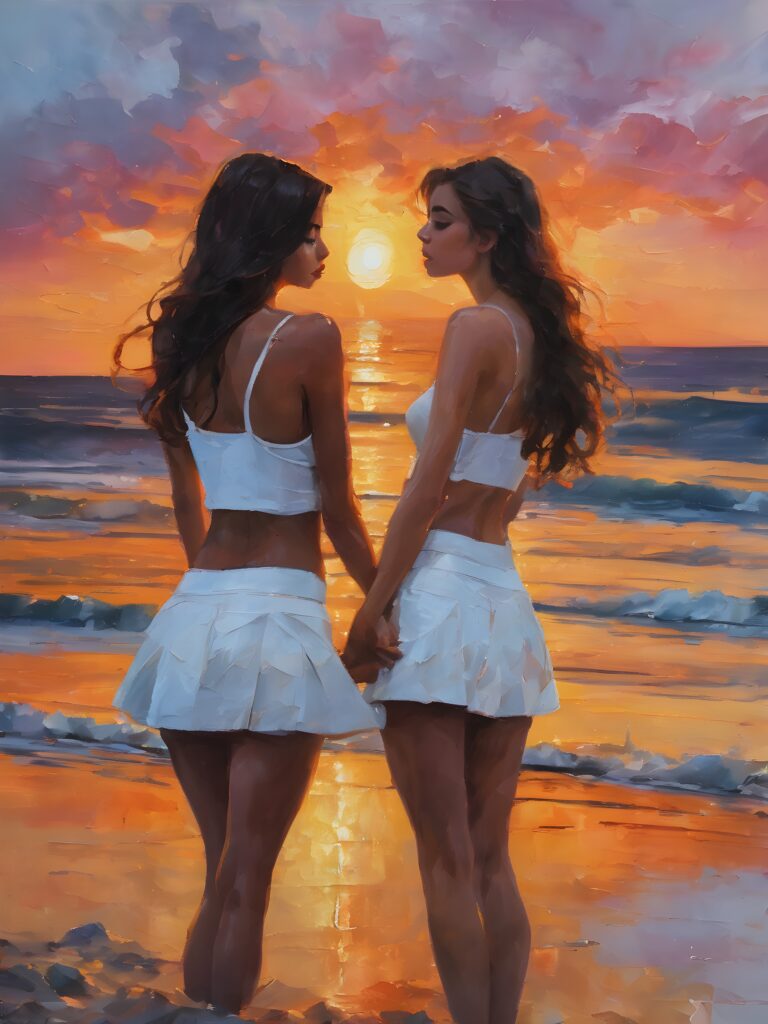 (((cute))) (((gorgeous)) ((stunning)) ((two very pretty young teen girls)) ((upper body)), straight hair, perfect realistic body, low cut white crop top, super short mini skirt, ((about to a passionate kiss)), arms leaning against the body, sunset in the background