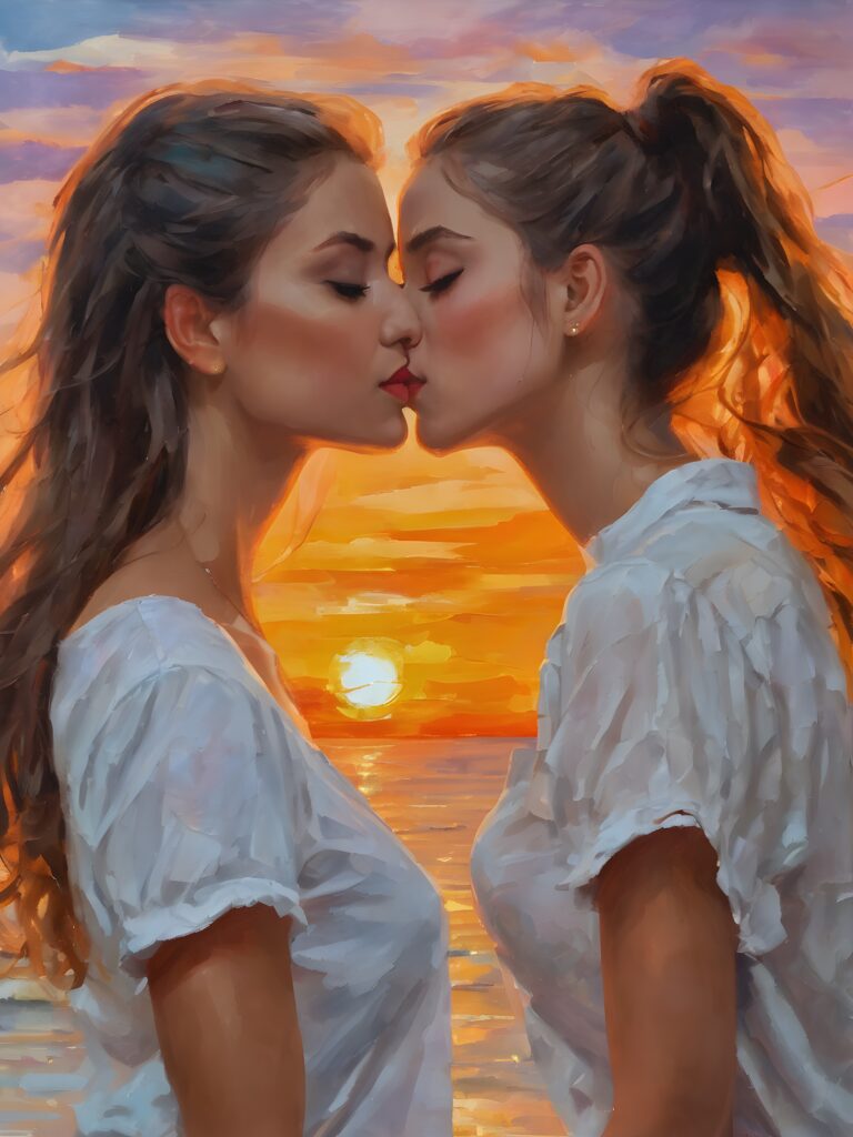 (((cute))) (((gorgeous)) ((stunning)) ((two very pretty young teen girls)) ((upper body)), straight hair, perfect realistic body, low cut white crop top, super short mini skirt, ((about to a passionate kiss)), arms leaning against the body, sunset in the background