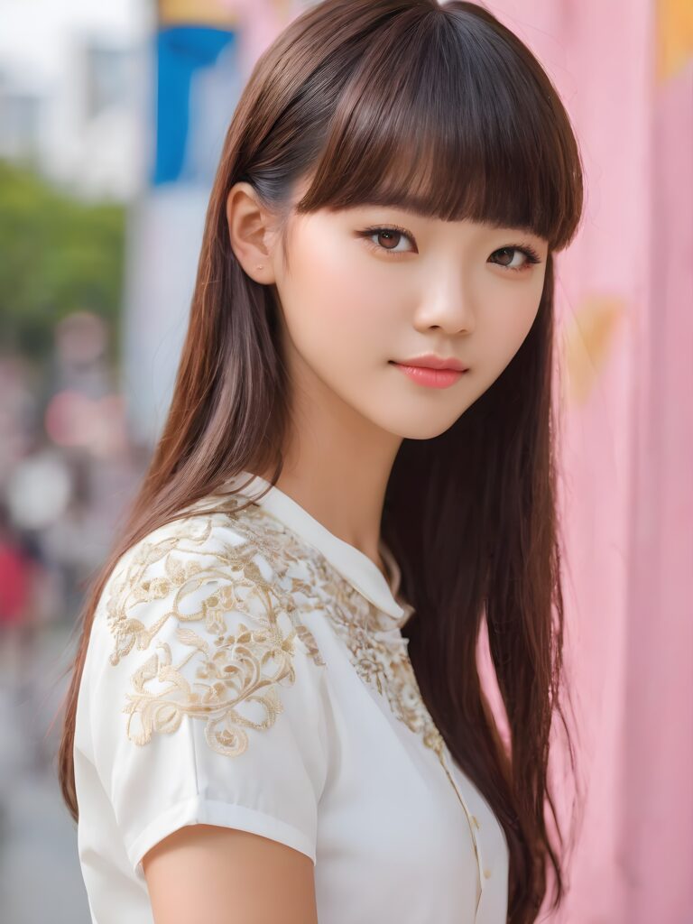 a (((cute 16-year-old Filipino girl with intricate Korean-style bangs))), featuring highly detailed, ultra realistic hair that extends beyond her shoulders. She's clad in a (((perfectly curved and fitted white short shirt))), with a stunning face that exudes realism, complete with glowing, ultra-realistic amber eyes and delicate, detailed maroon straight hair that flows down her back. Her skin is highly detailed, with subtle wrinkles and a warm smile that draws the viewer in. Captured in an incredibly advanced image with deeply saturated colors, advanced film grain, and a soft focus that creates a sense of beauty and wonder. This advanced image represents the pinnacle of digital artistry, with unparalleled detail and advanced technology, making it a true masterpiece that pushes the boundaries of what is possible