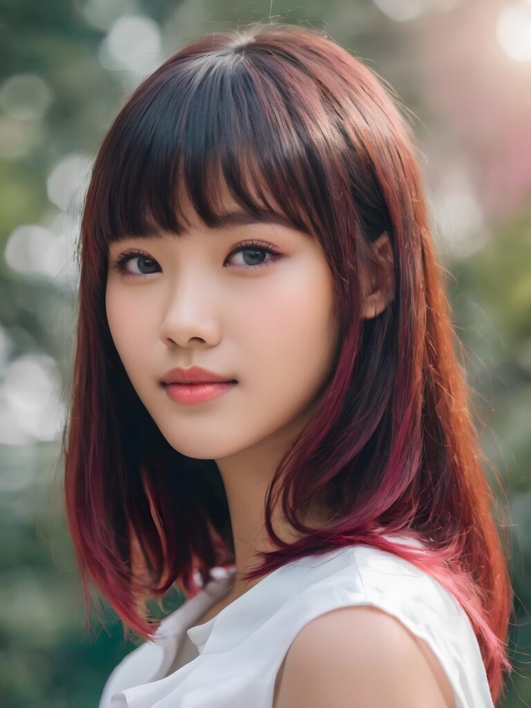 a (((cute 16-year-old Filipino girl with intricate Korean-style bangs))), featuring highly detailed, ultra realistic hair that extends beyond her shoulders. She's clad in a (((perfectly curved and fitted white short shirt))), with a stunning face that exudes realism, complete with glowing, ultra-realistic amber eyes and delicate, detailed maroon straight hair that flows down her back. Her skin is highly detailed, with subtle wrinkles and a warm smile that draws the viewer in. Captured in an incredibly advanced image with deeply saturated colors, advanced film grain, and a soft focus that creates a sense of beauty and wonder. This advanced image represents the pinnacle of digital artistry, with unparalleled detail and advanced technology, making it a true masterpiece that pushes the boundaries of what is possible