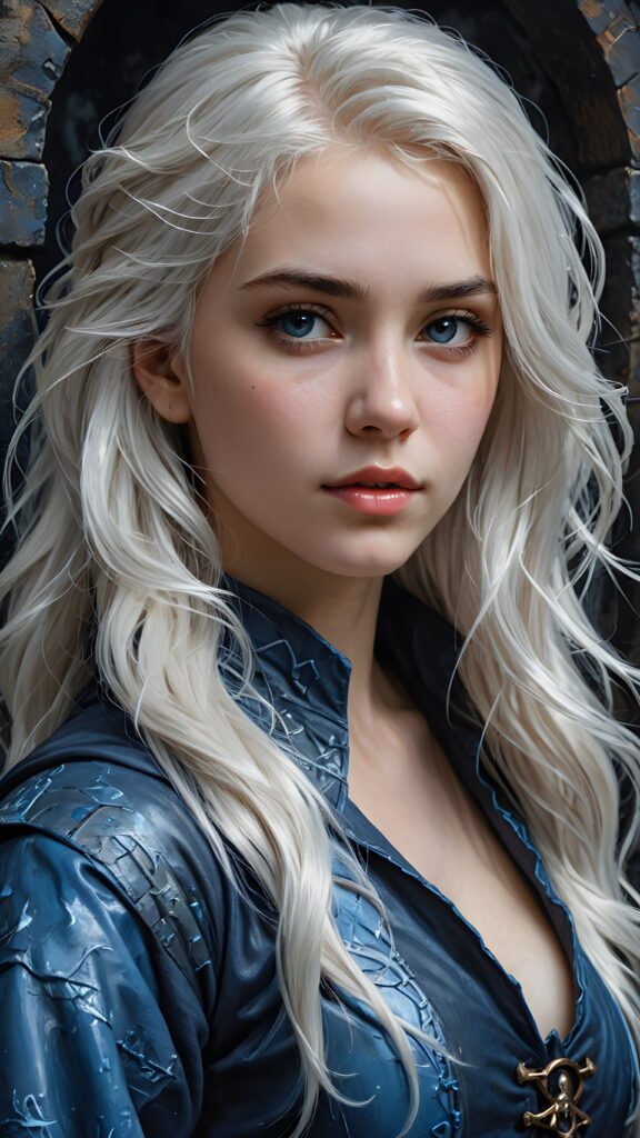 ((detailed and realistic portrait)), (upper body), a young, pretty sorceress is trapped in a dark dungeon, looks sadly at the viewer. Faint light falls on her face. She has long white hair and is dressed in blue, painted in a modern style. She is 15 years old, side view