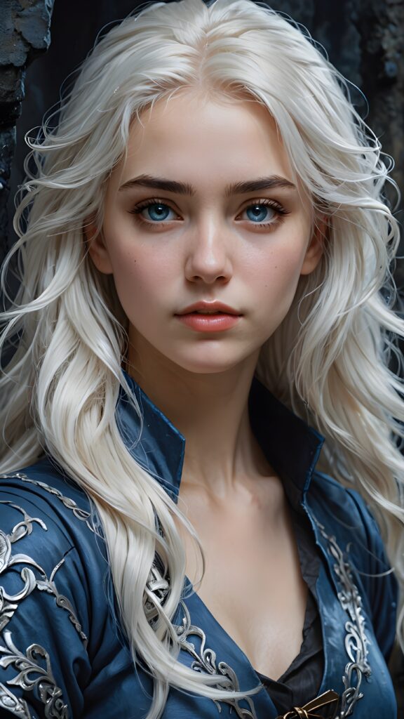 ((detailed and realistic portrait)), (upper body), a young, pretty sorceress is trapped in a dark dungeon, looks sadly at the viewer. Faint light falls on her face. She has long white hair and is dressed in blue, painted in a modern style. She is 15 years old, side view