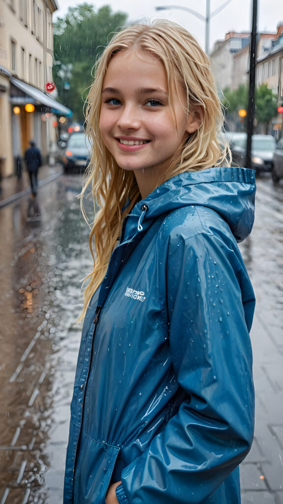 ((detailed and realistic photo)) a young girl is alone in the heavy rain, in an city. She wears a blue thin rain jacket and has blond wet hair. She is smiling slightly.