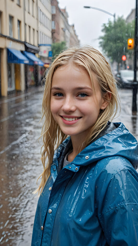 ((detailed and realistic photo)) a young girl is alone in the heavy rain, in an city. She wears a blue thin rain jacket and has blond wet hair. She is smiling slightly.