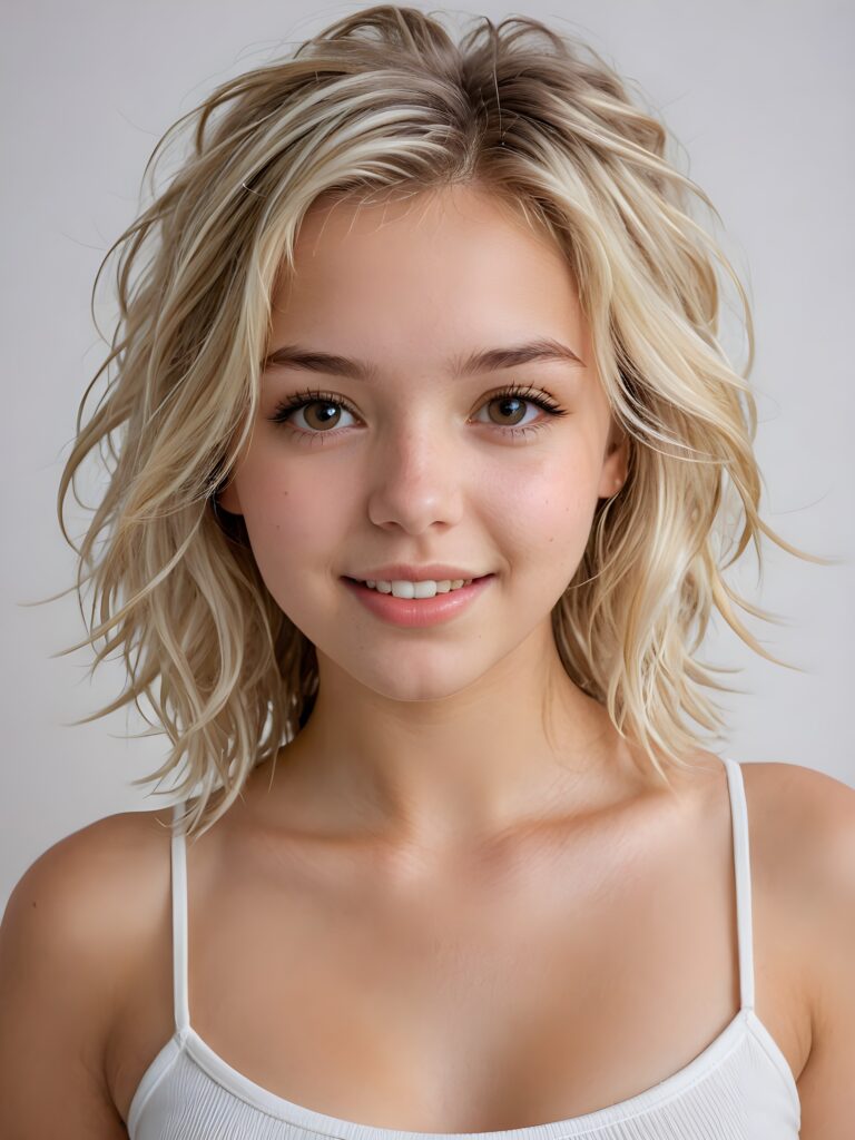 detailed and realistic photo: a beautiful, breathtaking teenage girl with soft platinum blond weavy messy hair looks at the viewer in amazement. The hair reaches down to the shoulders and is cut straight. She has a round face, smooth, white skin and full, plump lips. Her mouth is slightly open with white teeth. The picture is bathed in warm light and creates perfect shadows. She wears a thin, tight-fitting tank top that emphasizes her wonderful body. Her beautiful brown eyes reflect a little light. ((stunning)) ((gorgeous)) ((white background))