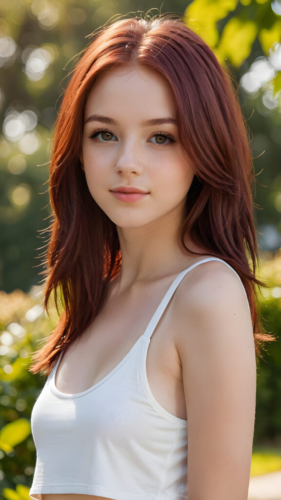 detailed and realistic close-up portrait: a (((beautiful teen girl with (straight burgundy hair with soft layers) and brown eyes))), looks seductively and smiles gently, who exudes a distinct (((sharpness))), coupled with (((pale skin))) and (((vividly full lips))) that curve into, dressed in a (((white crop tank top))), (sunny park in backdrop)