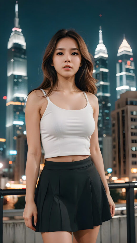 detailed and realistic photo from a girl stands alone in a city. in the background are skyscrapers. ((she is light dressed in a white crop top and black skirt)) and looks frightened. she has beautiful, long hair, perfect body