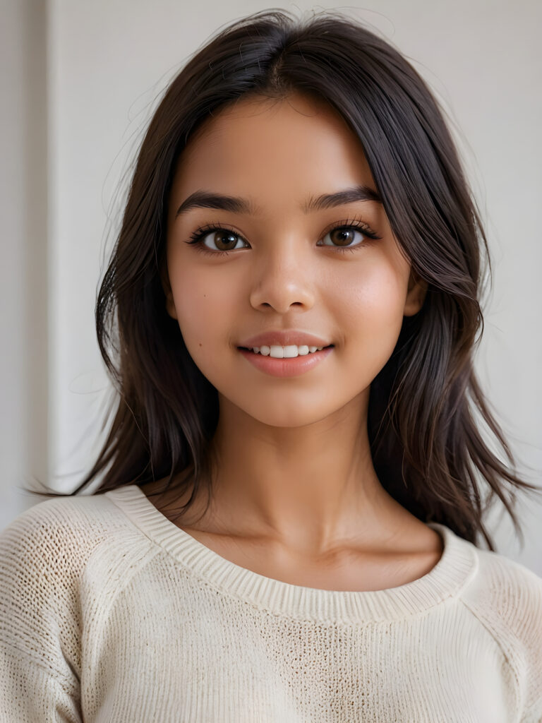 detailed and realistic photo: a beautiful, breathtaking brown-skinned teenage girl with silky smooth obsidian soft black straight hair looks at the viewer in amazement. She has a round face, smooth, white skin and full, plump lips. Her mouth is slightly open with white teeth. The picture is bathed in warm light and creates perfect shadows. She wears a thin, tight-fitting sweater that emphasizes her wonderful body. Her beautiful brown eyes reflect a little light. ((stunning)) ((gorgeous)) ((white background))