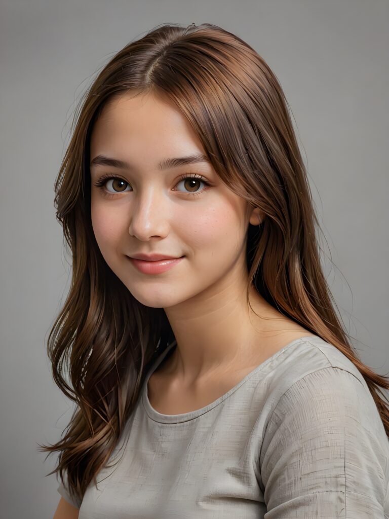 detailed and realistic portrait: a breathtakingly realistic, capturing the essence of a youthful teen girl ((looks like Mona Lisa)), with a flawlessly proportioned upper body, long, sleek straight soft mahogany brown hair, bangs cut, aged 15, wears a thin white t-shirt, warm smile, ((sitting, side view)) ((grey backdrop))