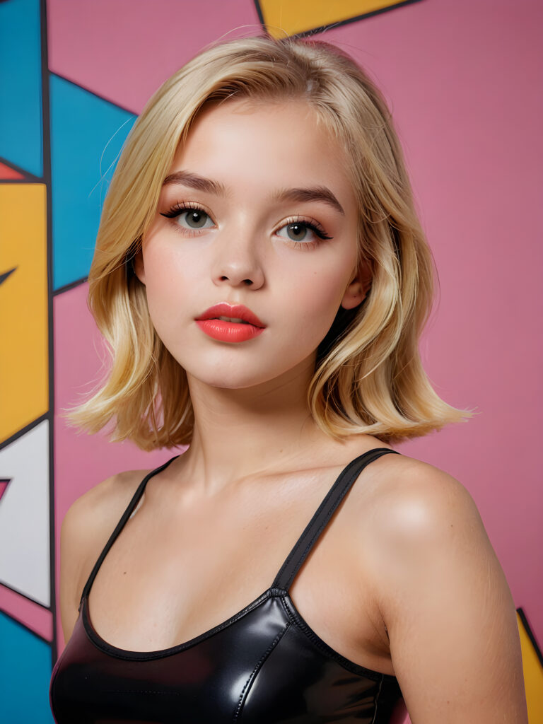 detailed and realistic photo from a (((cute pop art teen girl))) with straight, sleek blonde soft hair and (((kissable lips))), dressed in a ((crop thin top, perfect curved body))