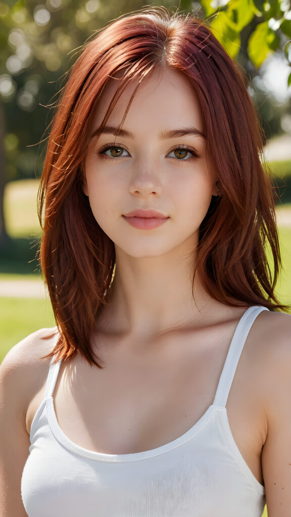 detailed and realistic close-up portrait: a (((beautiful teen girl with (straight burgundy hair with soft layers) and brown eyes))), looks seductively and smiles gently, who exudes a distinct (((sharpness))), coupled with (((pale skin))) and (((vividly full lips))) that curve into, dressed in a (((white crop tank top))), (sunny park in backdrop)