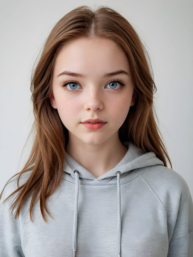 detailed and realistic photo: a beautiful, breathtaking teenage girl, 13 years old, with soft auburn straight hair and (light blue eyes)) looks at the viewer in amazement. The hair reaches down to the shoulders and is cut straight. She has a round face, smooth, white skin and full red lips. Her mouth is slightly open with white teeth. The picture is bathed in warm light and creates perfect shadows. She wears a ((thin, tight-fitting grey hoodie)) that emphasizes her wonderful body. Her beautiful brown eyes reflect a little light. ((stunning)) ((gorgeous)) ((white background))
