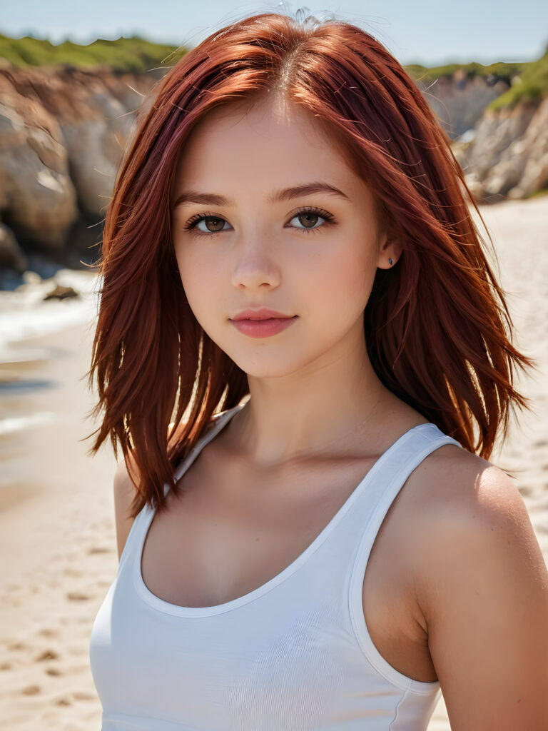 detailed and realistic close-up portrait: a (((beautiful teen girl with (straight burgundy hair with soft layers) and brown eyes))), looks seductively and smiles gently, who exudes a distinct (((sharpness))), coupled with (((pale skin))) and (((vividly full lips))) that curve into, dressed in a (((white crop tank top))), (sunny beach in backdrop)
