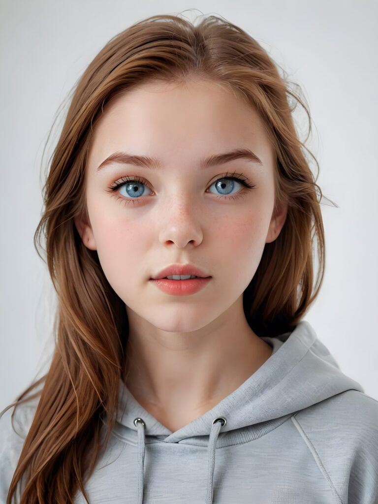 detailed and realistic photo: a beautiful, breathtaking teenage girl, 13 years old, with soft auburn straight hair and (light blue eyes)) looks at the viewer in amazement. The hair reaches down to the shoulders and is cut straight. She has a round face, smooth, white skin and full red lips. Her mouth is slightly open with white teeth. The picture is bathed in warm light and creates perfect shadows. She wears a ((thin, tight-fitting grey hoodie)) that emphasizes her wonderful body. Her beautiful brown eyes reflect a little light. ((stunning)) ((gorgeous)) ((white background))