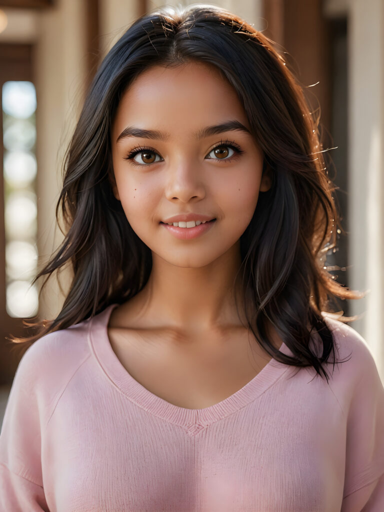 detailed and realistic photo: a beautiful, breathtaking brown-skinned teenage girl with silky smooth obsidian soft black straight hair looks at the viewer in amazement. She has a round face, smooth, white skin and full, plump lips. Her mouth is slightly open with white teeth. The picture is bathed in warm light and creates perfect shadows. She wears a thin, tight-fitting pink sweater that emphasizes her wonderful body. Her beautiful brown eyes reflect a little light. ((stunning)) ((gorgeous))