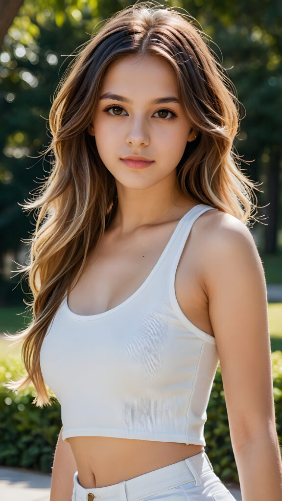 detailed and realistic portrait: a (((beautiful teen girl with long, soft hair and brown eyes))), who exudes a distinct (((sharpness))), coupled with (((pale skin))) and (((vividly hued lips))) that curve into a (((hairstyle long layered ombre))), dressed in a (((white crop tank top))), (sunny park in backdrop)