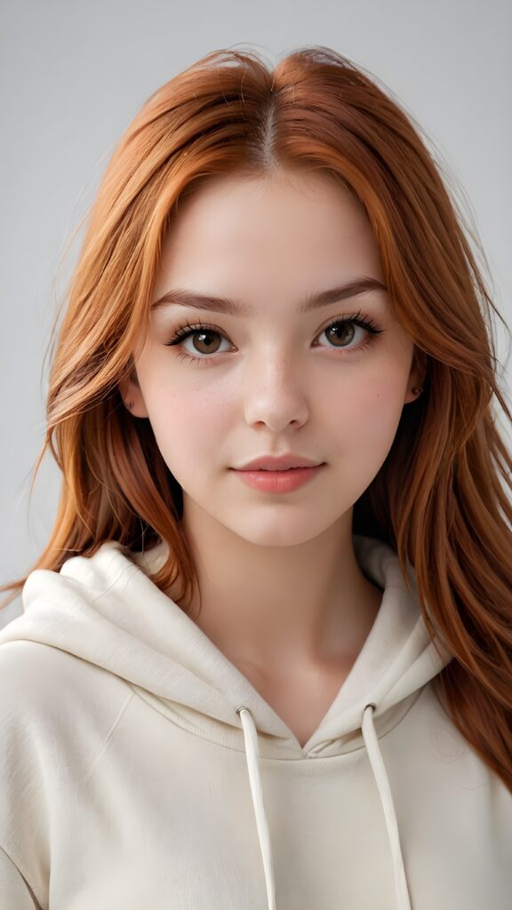 detailed and realistic photo: a beautiful, breathtaking teenage girl with soft red straight hair looks at the viewer in amazement. The hair reaches down to the shoulders and is cut straight. She has a round face, smooth, white skin and full, plump lips. Her mouth is slightly open with white teeth. The picture is bathed in warm light and creates perfect shadows. She wears a thin, tight-fitting hoodie that emphasizes her wonderful body. Her beautiful brown eyes reflect a little light. ((stunning)) ((gorgeous)) ((white background))