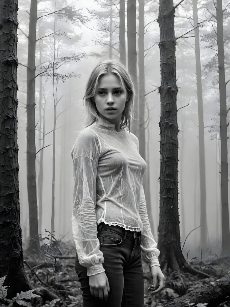 detailed and realistic pictures: a young blond teenage girl in a big foggy forest, feel lonely, she is thin and poor dressed, perfect curved body, ((stunning)) ((gorgeous))