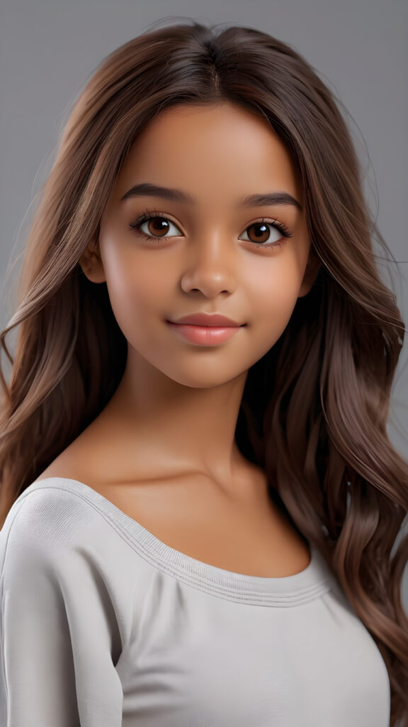detailed and realistic 3D pictures: a ((brown-skinned cute teenage girl)), white dressed, soft long hair, (grey background)