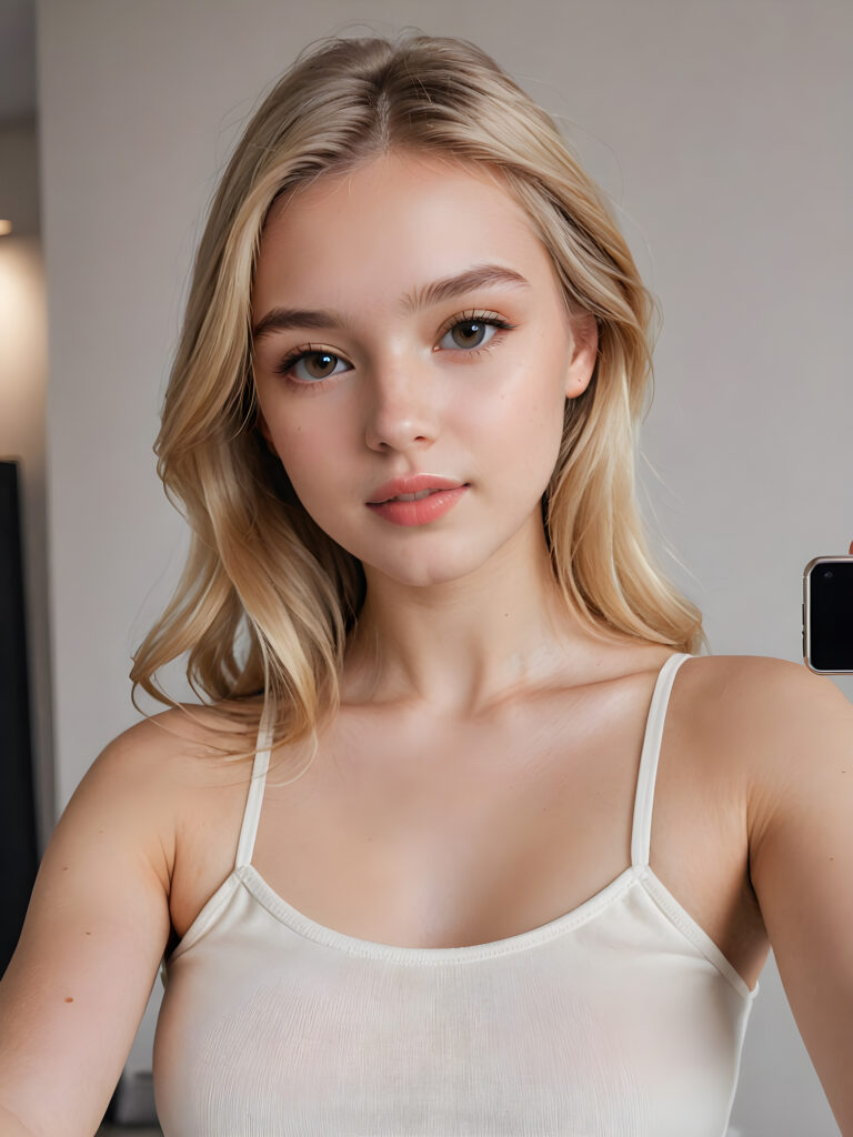 detailed and realistic photo from a (((cute teen girl (take a selfie)))) with straight, sleek blonde soft hair and (((kissable lips))), dressed in a (((minimalist wardrobe))) ((crop thin top, perfect curved body))