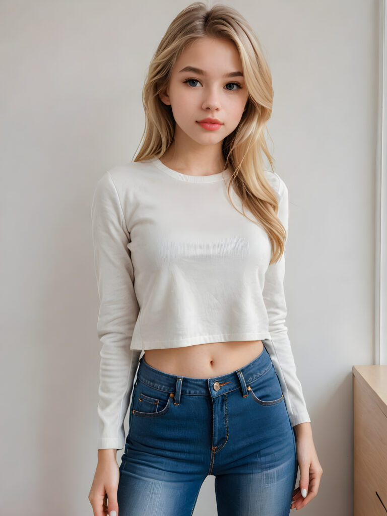 detailed and realistic portrait: a (((cute teen girl))) with straight, sleek blonde soft hair and (((kissable lips))), dressed in a (((minimalist wardrobe))) consisting of (((skinny jeans))) and a simple yet chic crop thin top, perfect curved body, (((take a selfie)))