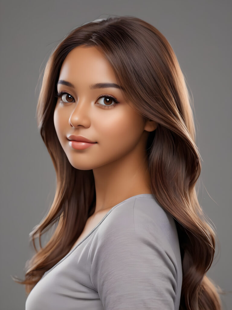 detailed and realistic pictures: a ((brown-skinned girlie)), soft long hair, (grey background), thin dressed, side view