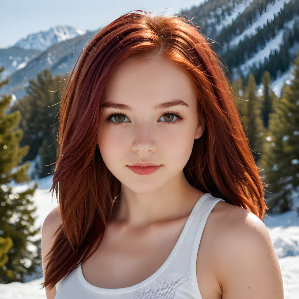 detailed and realistic close-up portrait: a (((beautiful teen girl with (straight burgundy hair with soft layers) and brown eyes))), looks seductively and smiles gently, who exudes a distinct (((sharpness))), coupled with (((pale skin))) and (((vividly full lips))) that curve into, dressed in a (((white crop tank top))), (sunny snow landscape in backdrop)