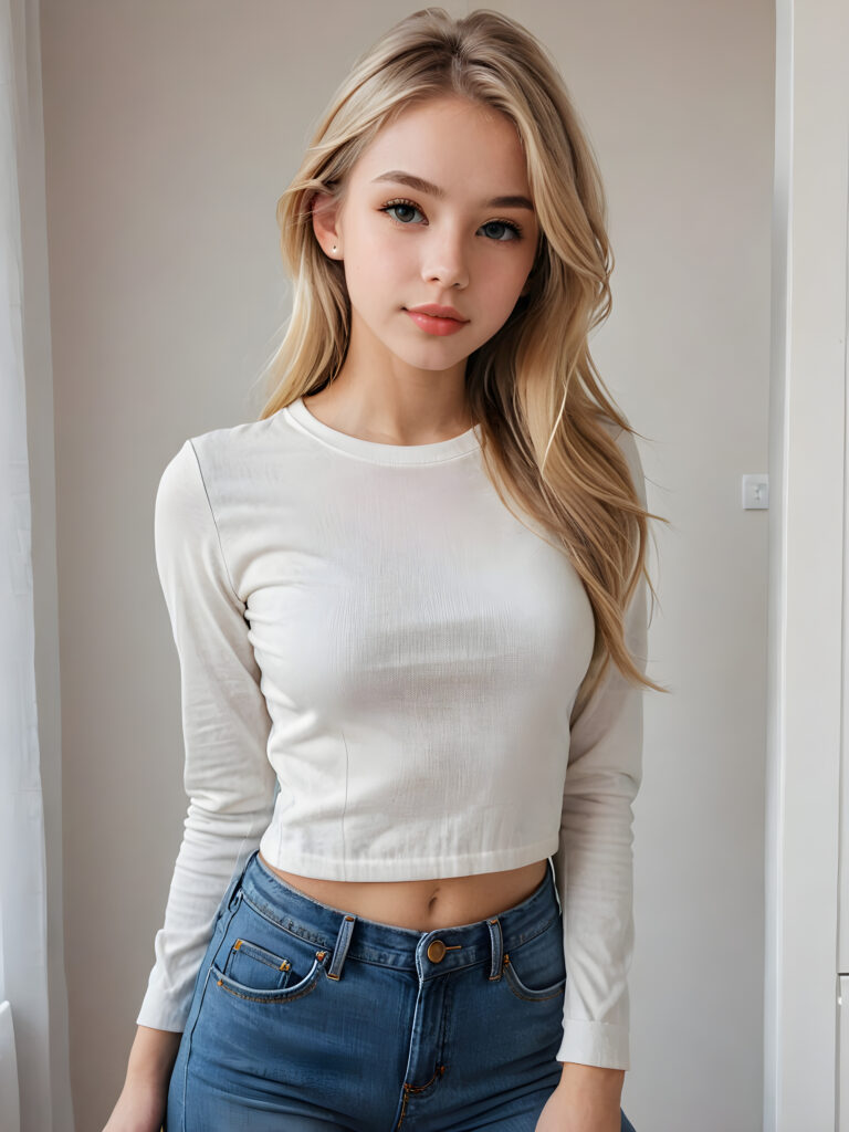 detailed and realistic portrait: a (((cute teen girl))) with straight, sleek blonde soft hair and (((kissable lips))), dressed in a (((minimalist wardrobe))) consisting of (((skinny jeans))) and a simple yet chic crop thin top, perfect curved body, (((take a selfie)))